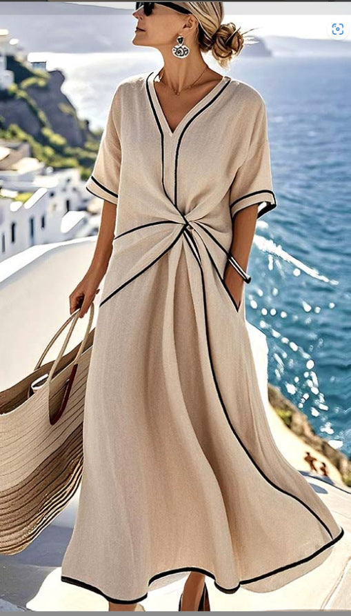 Women's Boho V-Neck Twist-Front Linen Maxi Beach Dress