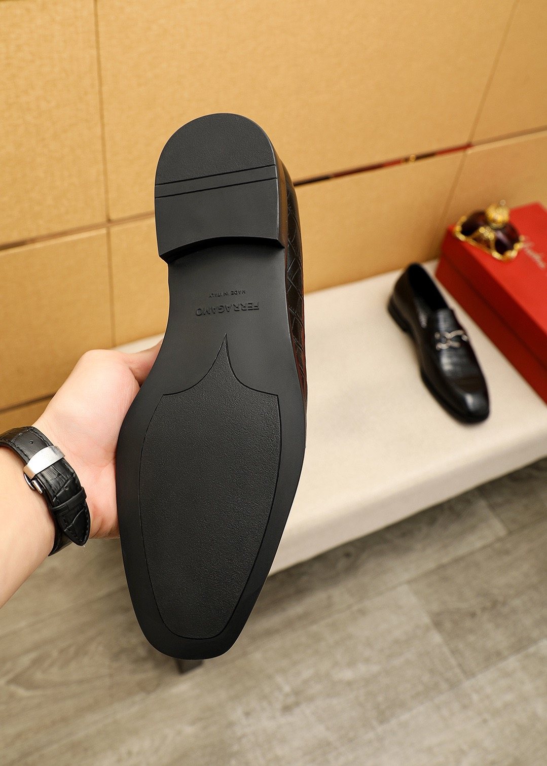 Ferragamo Black Embossed Bit Loafers - Stacked Heel