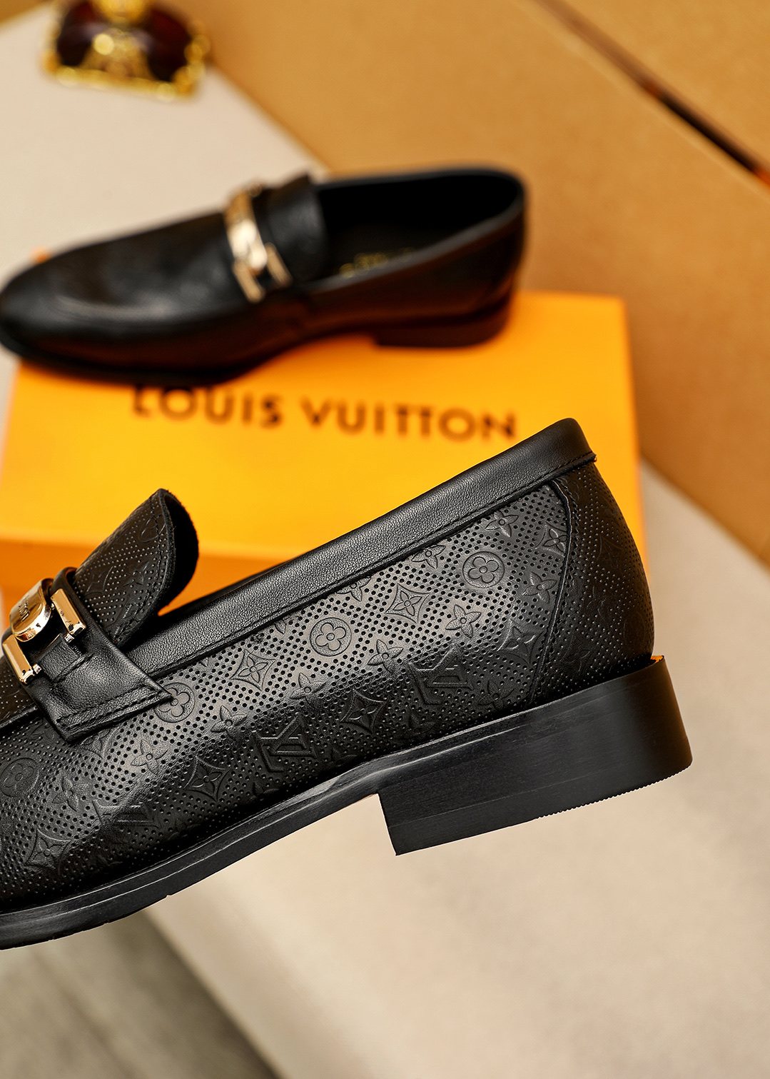 Louis Vuitton Men's Black Textured Buckle Loafers - Stacked Heel